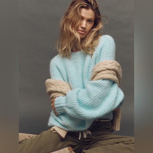 NWT! Anthropologie Blue The Blake Slouchy-Sleeve Crew-Neck Sweater by Pilcro 🪑 - Picture 2 of 7